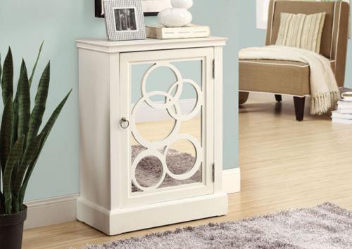 Monarch I 3831 Accent Chest - White / Mirror Contemporary Style, Bring this contemporary white wood veneered Bombay chest into your home for a look of style and class, Offering 2 shelves for ample storage as well as a mirrored door facade that features circle overlays as a non replicate stylish design, PRODUCT DIMENSIONS: 24